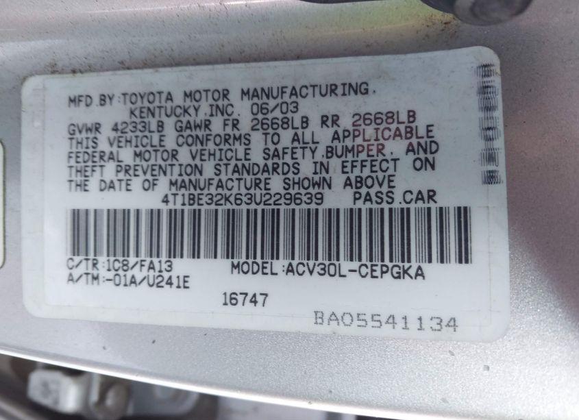 Photo 9 of 2003 Toyota Camry (VIN 4T1BE32K63U229639)