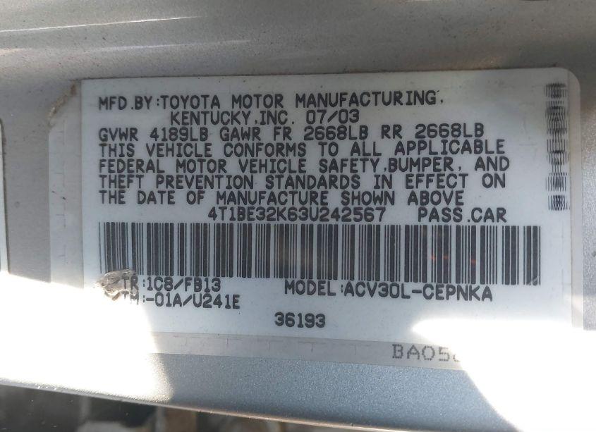 Photo 9 of 2003 Toyota Camry LE (VIN 4T1BE32K63U242567)