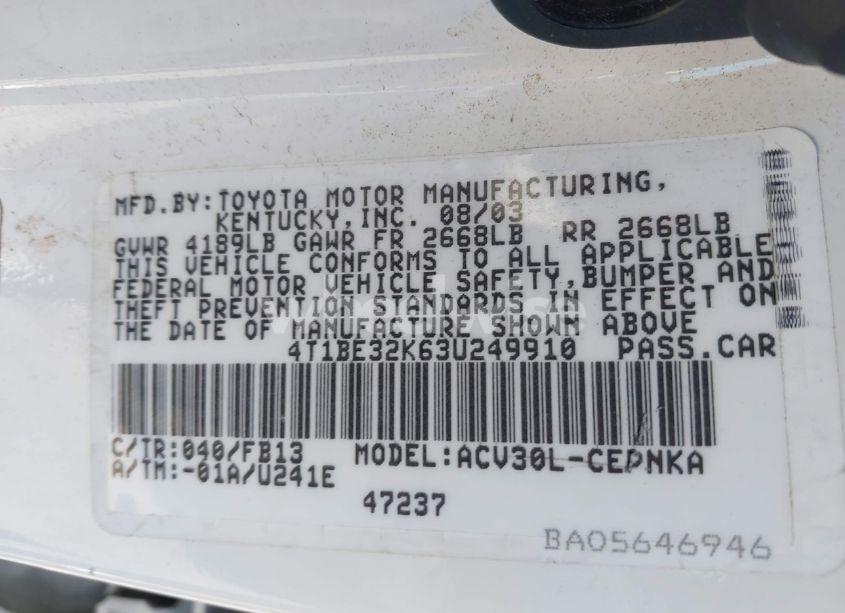 Photo 9 of 2003 Toyota Camry LE (VIN 4T1BE32K63U249910)