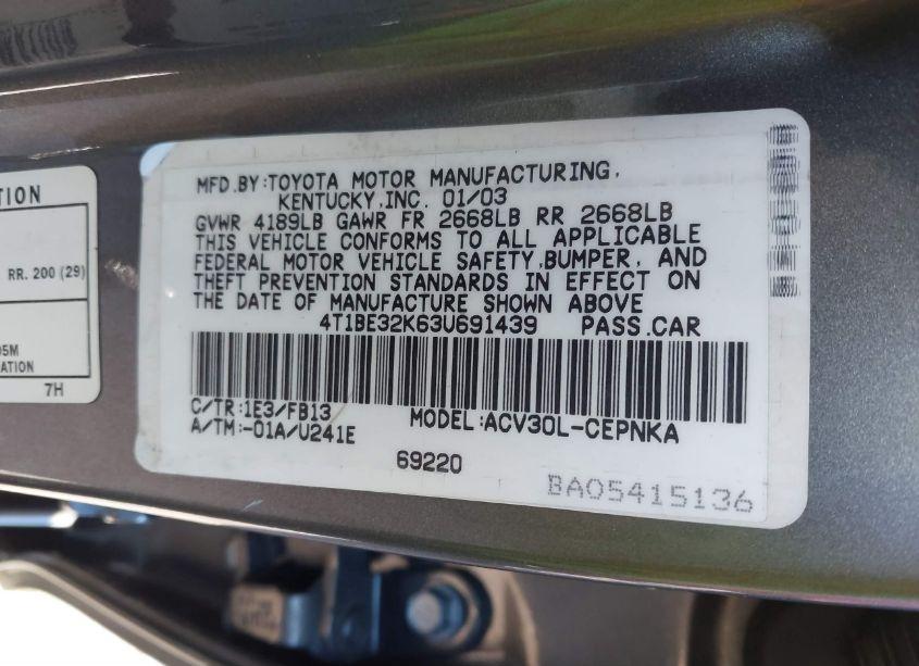 Photo 9 of 2003 Toyota Camry LE (VIN 4T1BE32K63U691439)