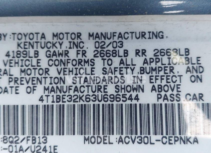 Photo 9 of 2003 Toyota Camry LE (VIN 4T1BE32K63U696544)