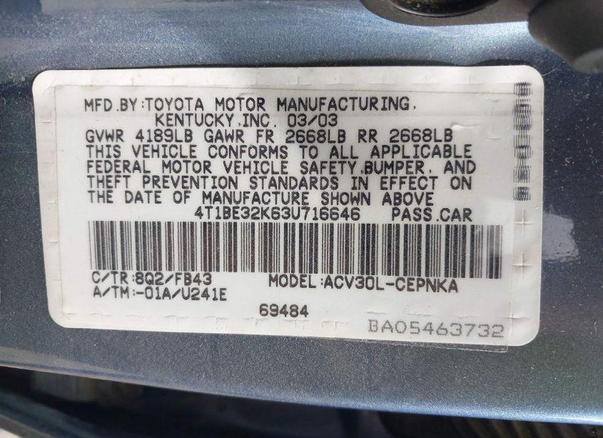 Photo 9 of 2003 Toyota Camry LE (VIN 4T1BE32K63U716646)