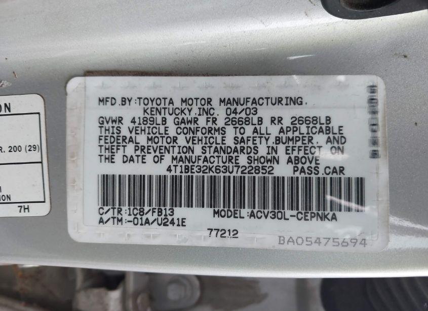 Photo 9 of 2003 Toyota Camry LE (VIN 4T1BE32K63U722852)