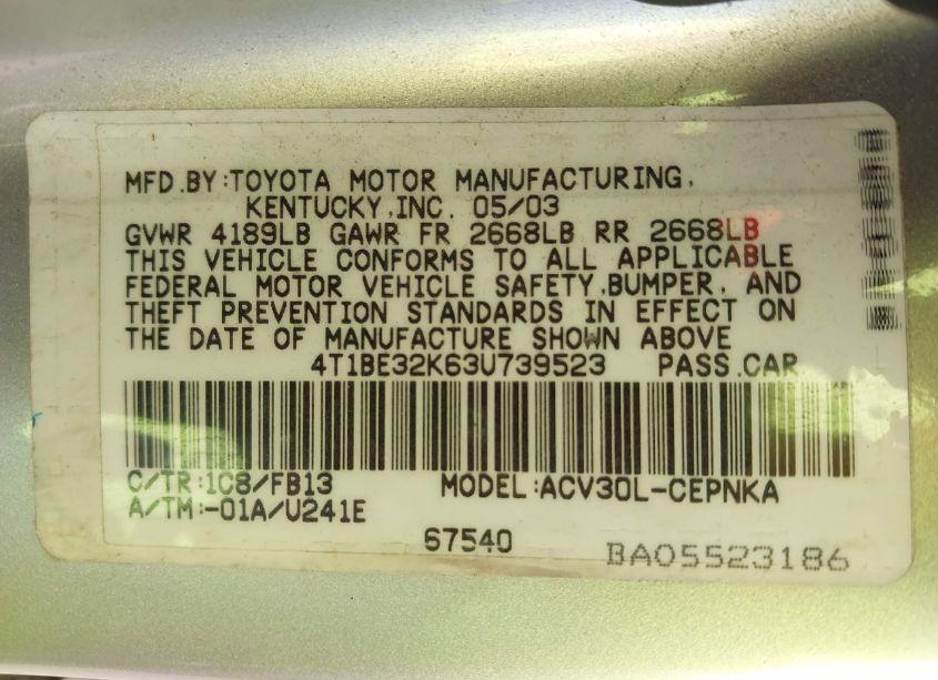 Photo 9 of 2003 Toyota Camry LE (VIN 4T1BE32K63U739523)