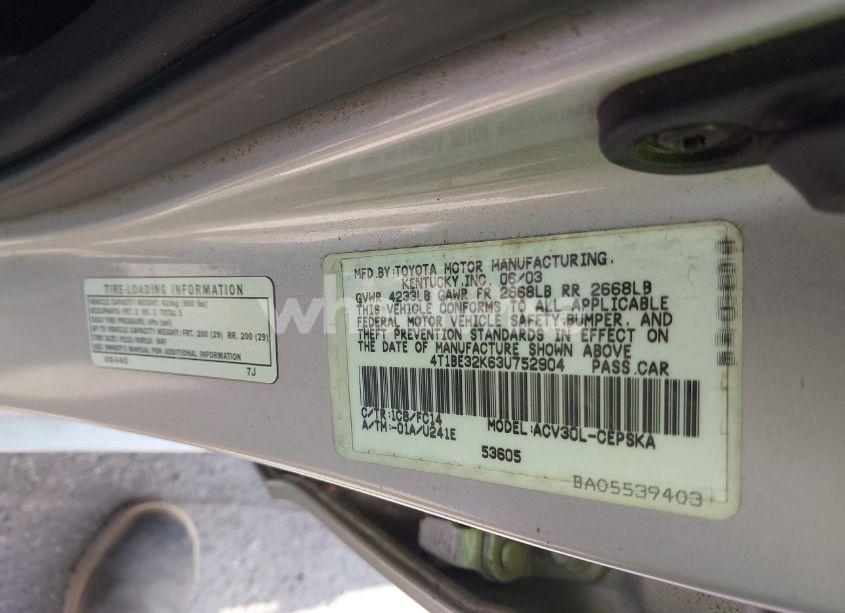 Photo 9 of 2003 Toyota Camry SE (VIN 4T1BE32K63U752904)