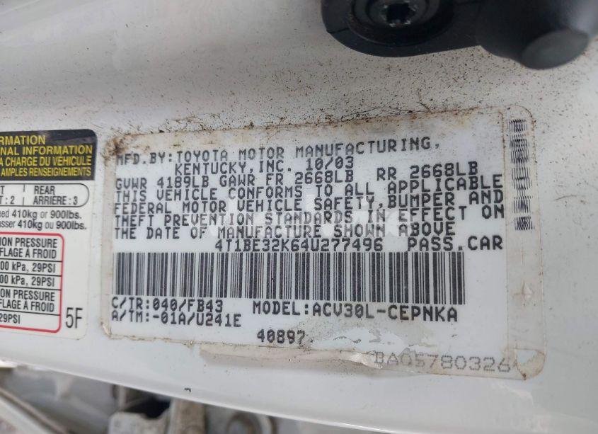 Photo 9 of 2004 Toyota Camry LE (VIN 4T1BE32K64U277496)