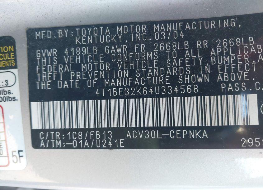 Photo 9 of 2004 Toyota Camry LE (VIN 4T1BE32K64U334568)