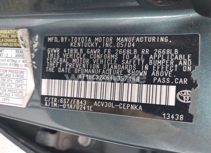 Photo 9 of 2004 Toyota Camry LE (VIN 4T1BE32K64U357168)