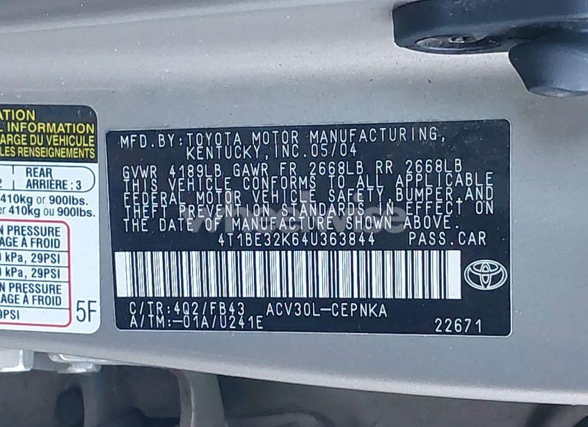 Photo 9 of 2004 Toyota Camry LE (VIN 4T1BE32K64U363844)
