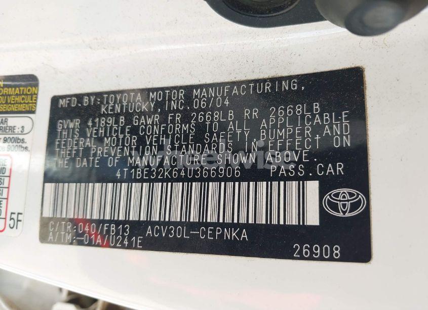 Photo 9 of 2004 Toyota Camry LE (VIN 4T1BE32K64U366906)