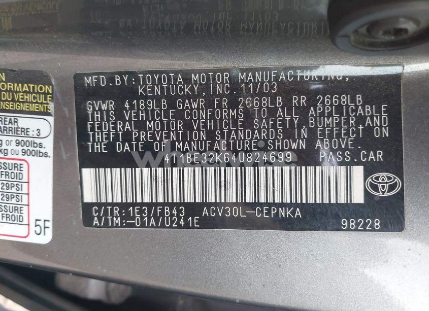 Photo 9 of 2004 Toyota Camry LE (VIN 4T1BE32K64U824699)