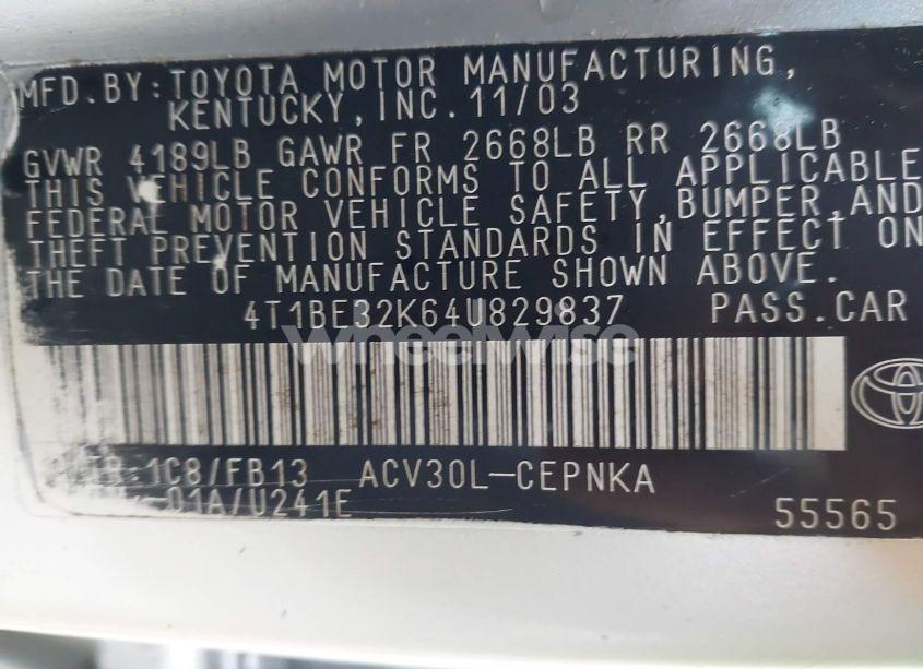 Photo 9 of 2004 Toyota Camry LE (VIN 4T1BE32K64U829837)