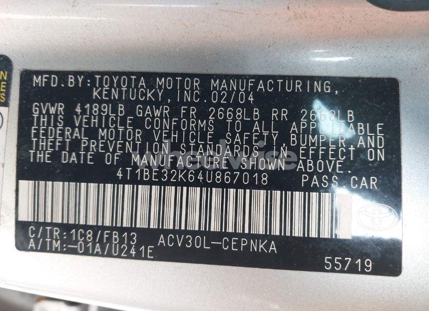 Photo 9 of 2004 Toyota Camry LE (VIN 4T1BE32K64U867018)