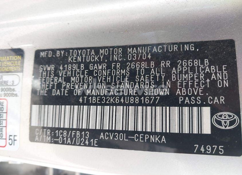 Photo 9 of 2004 Toyota Camry LE (VIN 4T1BE32K64U881677)