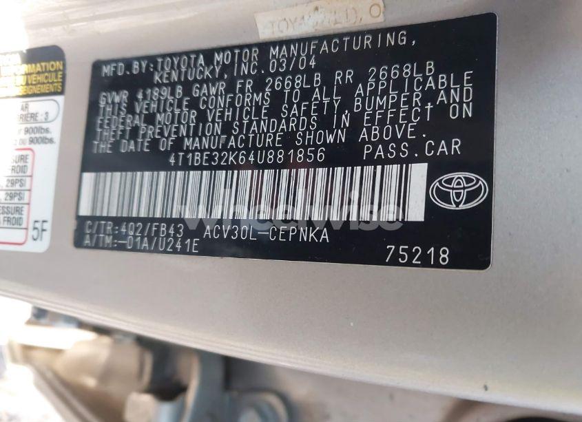 Photo 9 of 2004 Toyota Camry LE (VIN 4T1BE32K64U881856)