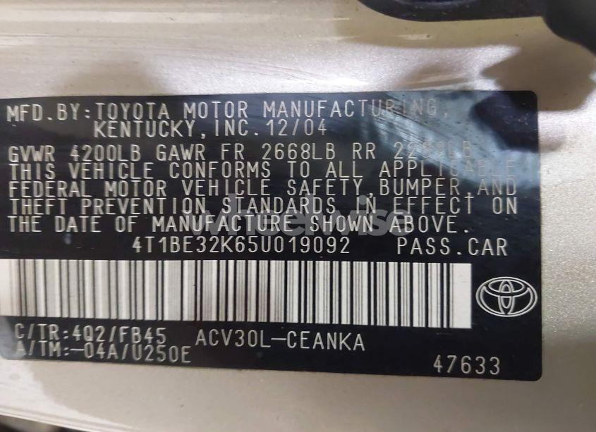 Photo 9 of 2005 Toyota Camry LE (VIN 4T1BE32K65U019092)