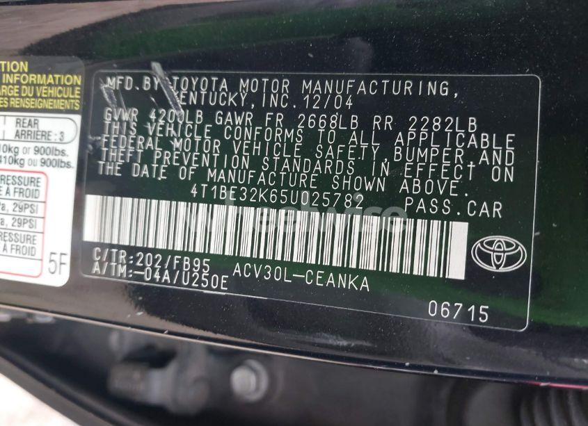 Photo 9 of 2005 Toyota Camry LE (VIN 4T1BE32K65U025782)