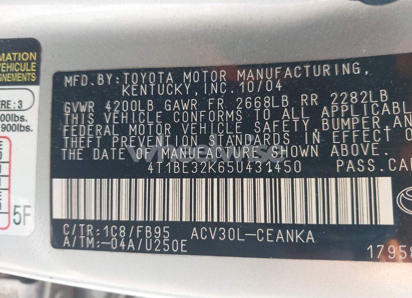 Photo 9 of 2005 Toyota Camry (VIN 4T1BE32K65U431450)