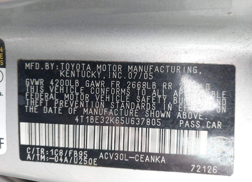 Photo 9 of 2005 Toyota Camry LE (VIN 4T1BE32K65U637805)