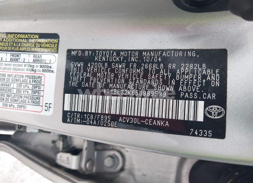 Photo 9 of 2005 Toyota Camry LE (VIN 4T1BE32K65U989539)