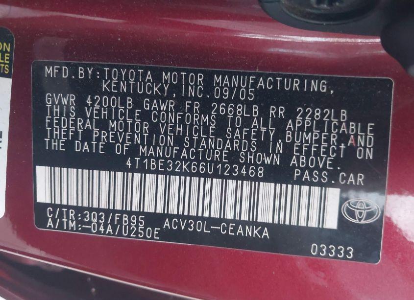 Photo 9 of 2006 Toyota Camry LE (VIN 4T1BE32K66U123468)