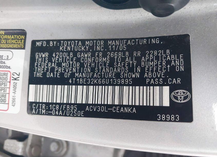 Photo 9 of 2006 Toyota Camry LE (VIN 4T1BE32K66U139895)
