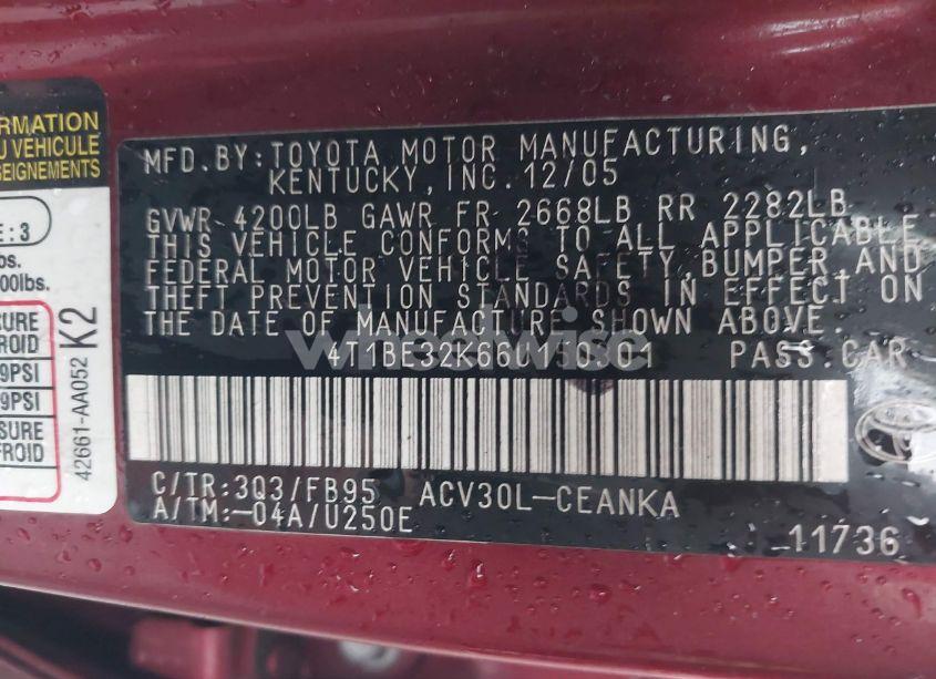 Photo 9 of 2006 Toyota Camry LE (VIN 4T1BE32K66U150301)