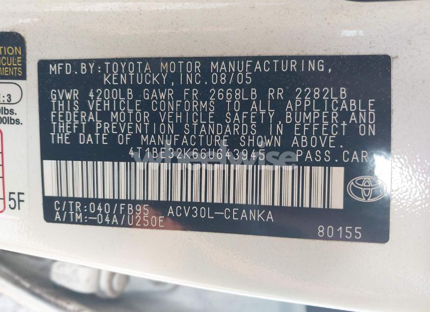 Photo 9 of 2006 Toyota Camry LE (VIN 4T1BE32K66U643945)