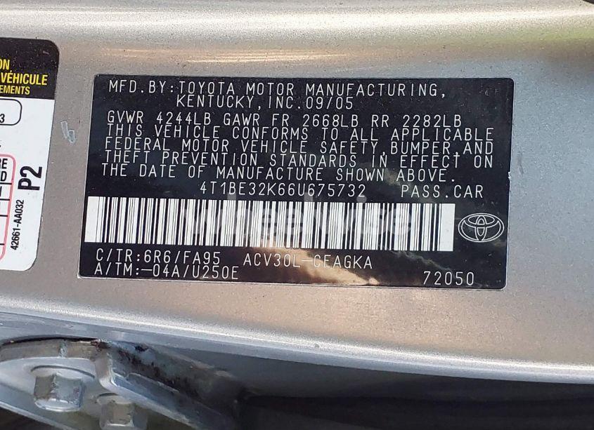 Photo 9 of 2006 Toyota Camry XLE (VIN 4T1BE32K66U675732)