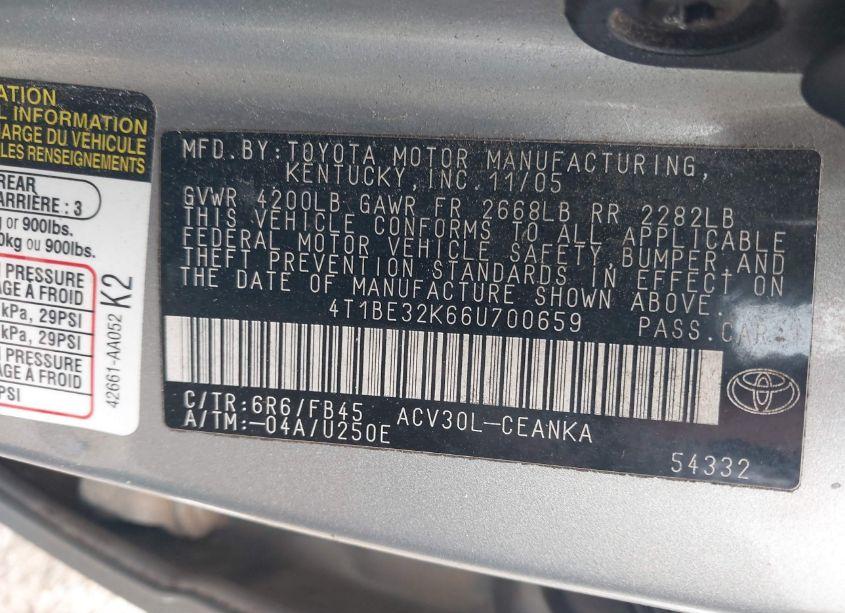 Photo 9 of 2006 Toyota Camry LE (VIN 4T1BE32K66U700659)
