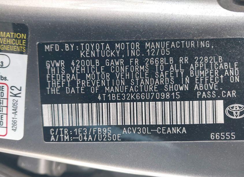 Photo 9 of 2006 Toyota Camry LE (VIN 4T1BE32K66U709815)