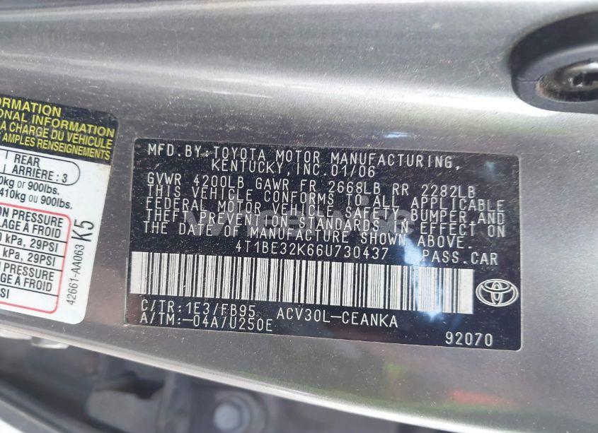 Photo 9 of 2006 Toyota Camry STD (VIN 4T1BE32K66U730437)