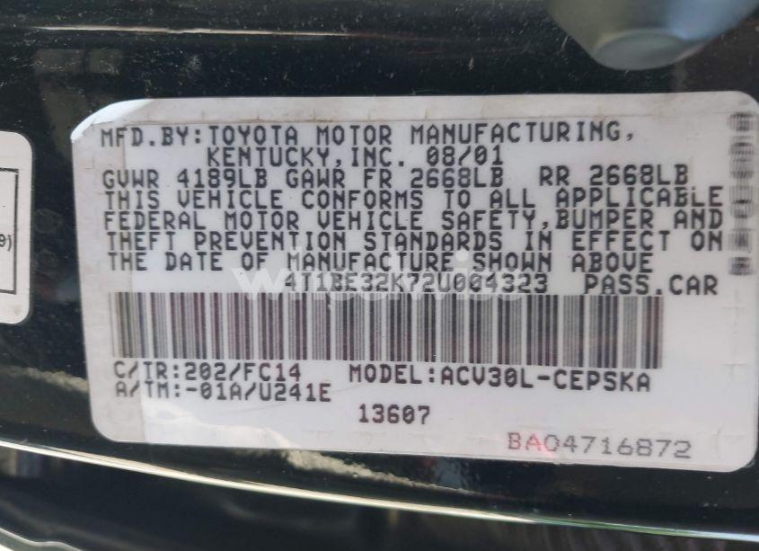 Photo 9 of 2002 Toyota Camry SE (VIN 4T1BE32K72U004323)