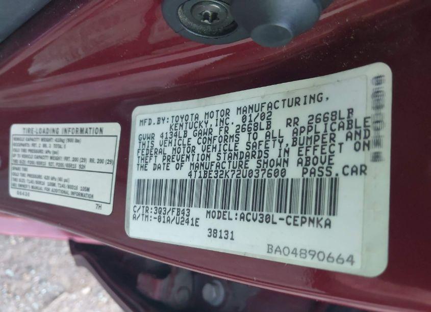 Photo 9 of 2002 Toyota Camry LE (VIN 4T1BE32K72U037600)