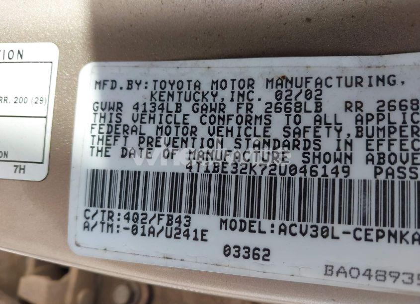 Photo 9 of 2002 Toyota Camry LE (VIN 4T1BE32K72U046149)