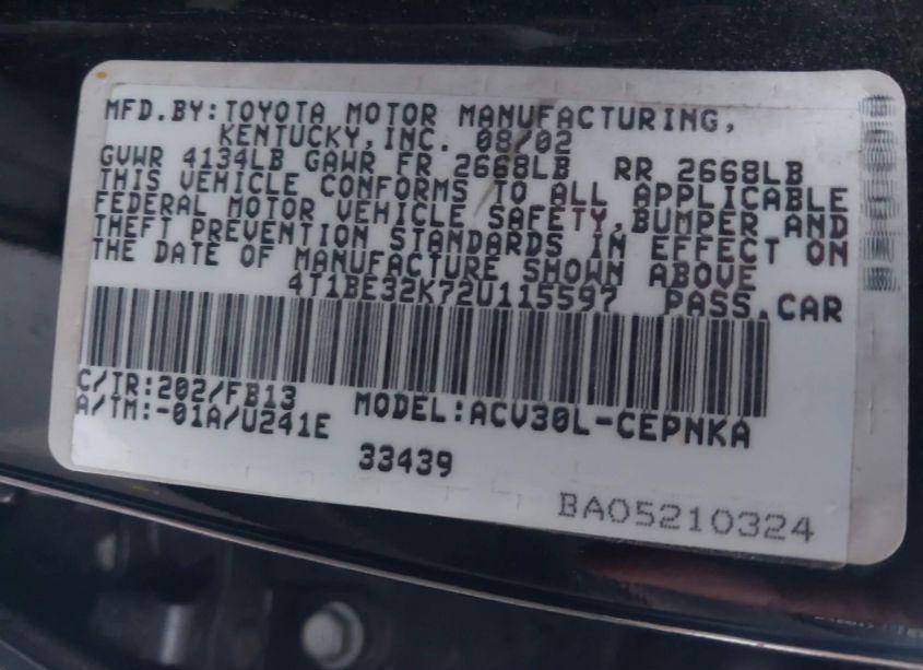 Photo 9 of 2002 Toyota Camry LE (VIN 4T1BE32K72U115597)