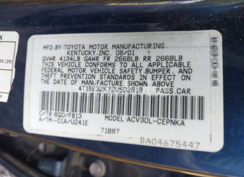 Photo 9 of 2002 Toyota Camry LE (VIN 4T1BE32K72U502618)