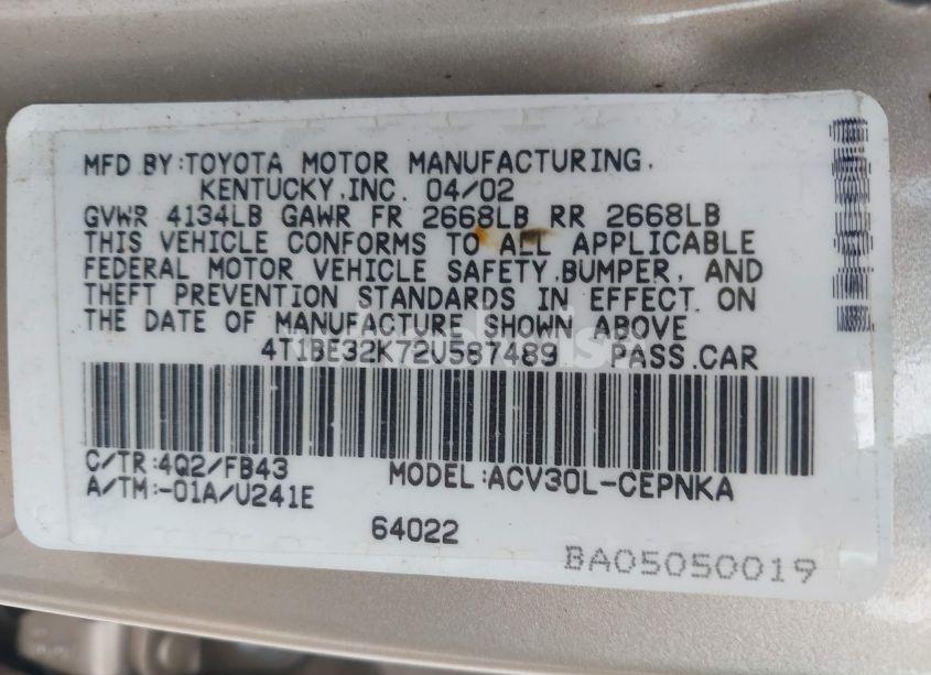 Photo 9 of 2002 Toyota Camry LE (VIN 4T1BE32K72U587489)