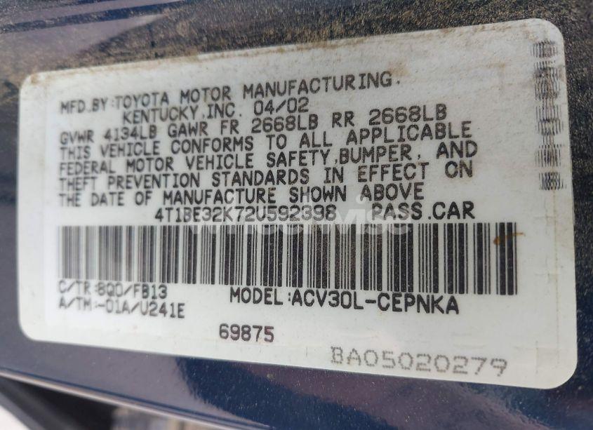 Photo 9 of 2002 Toyota Camry LE (VIN 4T1BE32K72U592398)