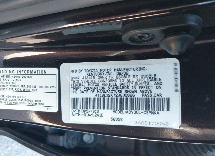 Photo 9 of 2002 Toyota Camry LE (VIN 4T1BE32K72U630826)