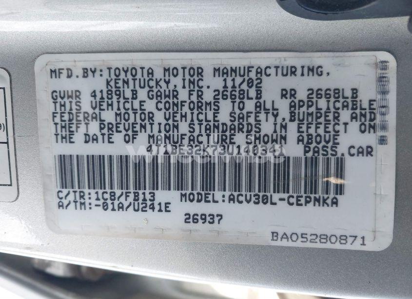 Photo 9 of 2003 Toyota Camry LE (VIN 4T1BE32K73U140341)