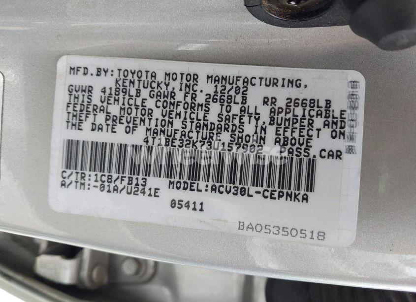 Photo 9 of 2003 Toyota Camry LE (VIN 4T1BE32K73U157902)