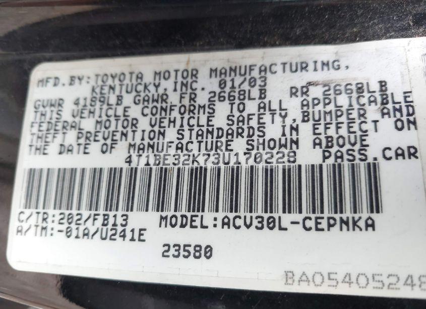 Photo 9 of 2003 Toyota Camry LE (VIN 4T1BE32K73U170228)