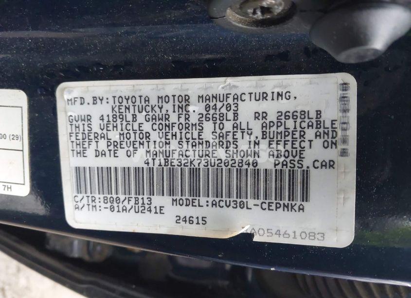 Photo 9 of 2003 Toyota Camry LE (VIN 4T1BE32K73U202840)