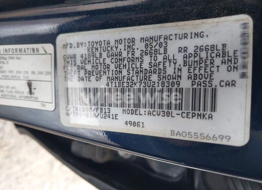 Photo 9 of 2003 Toyota Camry LE (VIN 4T1BE32K73U218309)