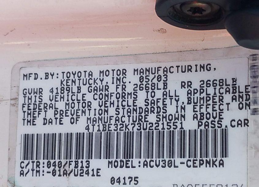 Photo 9 of 2003 Toyota Camry LE (VIN 4T1BE32K73U221551)