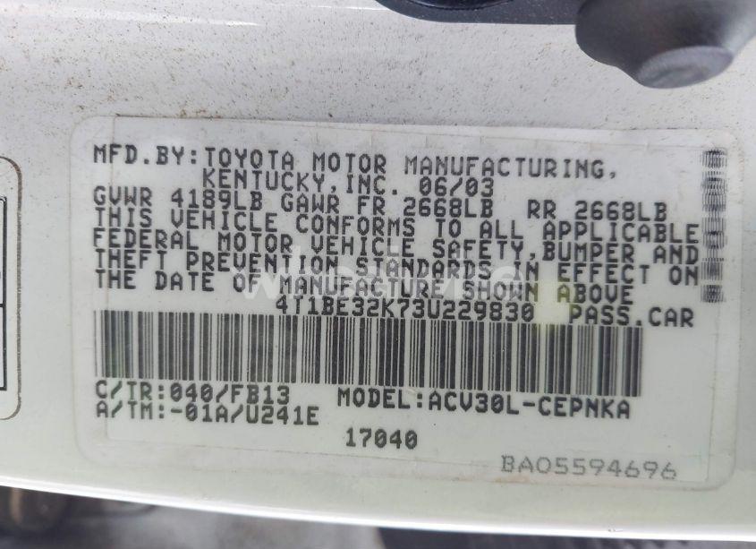 Photo 9 of 2003 Toyota Camry LE (VIN 4T1BE32K73U229830)