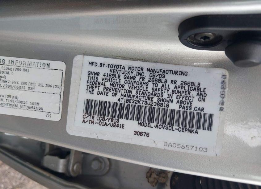 Photo 9 of 2003 Toyota Camry LE (VIN 4T1BE32K73U238818)