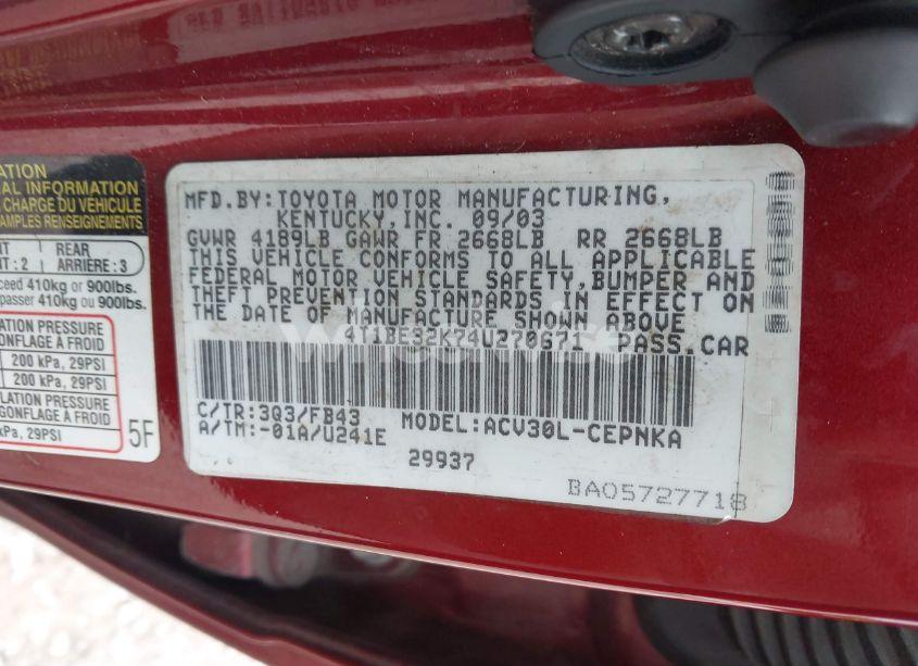 Photo 9 of 2004 Toyota Camry LE (VIN 4T1BE32K74U270671)