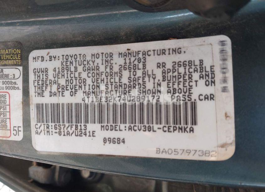 Photo 9 of 2004 Toyota Camry LE (VIN 4T1BE32K74U289172)